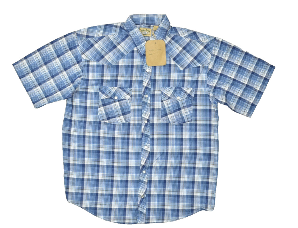Moda Tech Men's Blue Plaid Western Snap Shirt Short Sleeve Regular Size L NWT